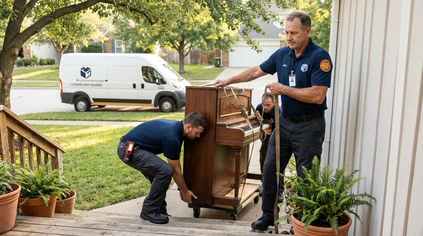 Licensed piano movers securing grand piano in Williams Bay, WI