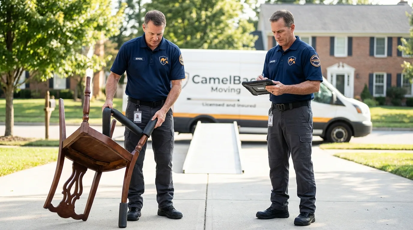 Movers inspecting furniture for damage prevention before loading in Williams Bay, WI