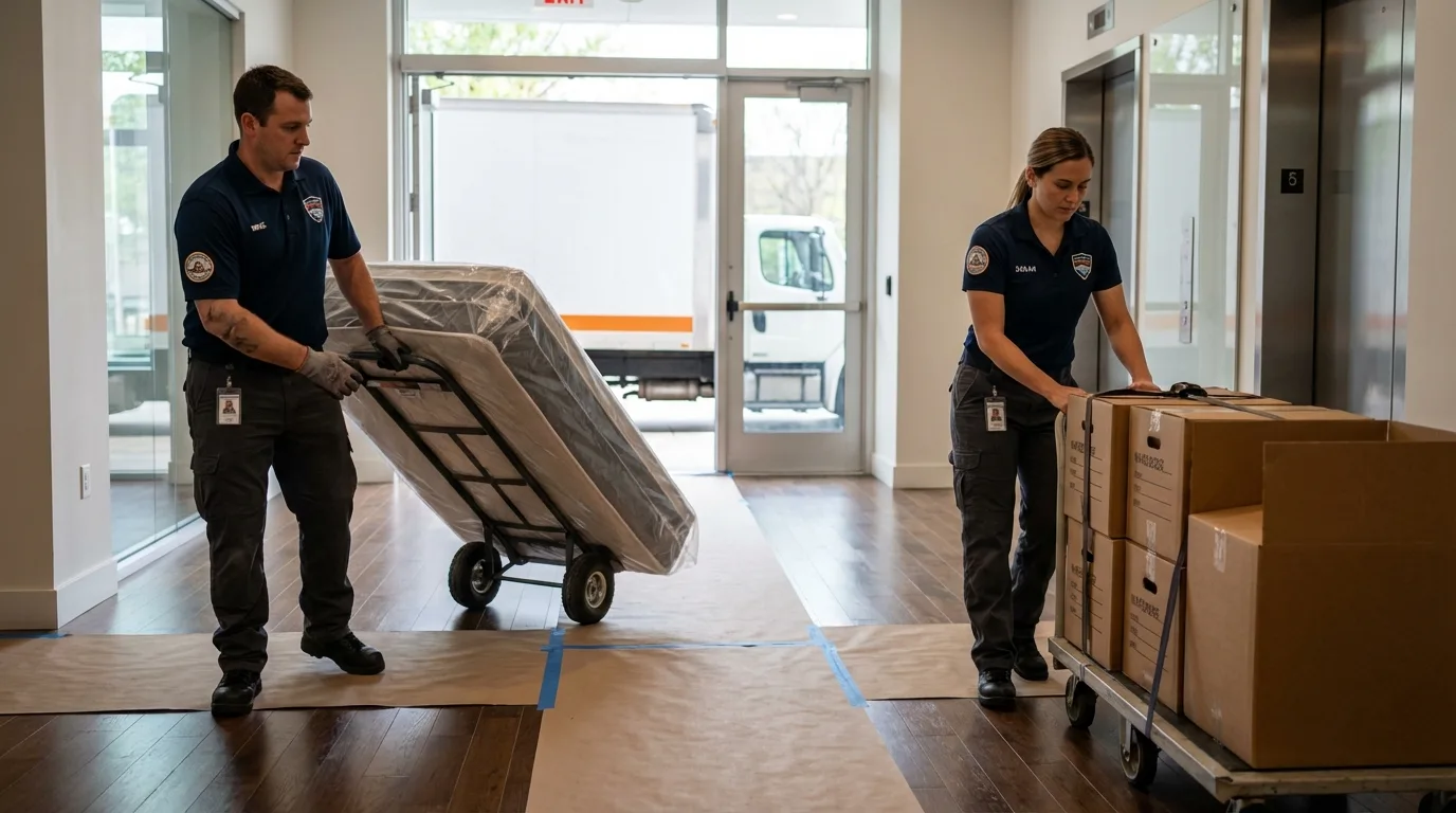 Professional apartment movers loading elevator in Williams Bay, WI
