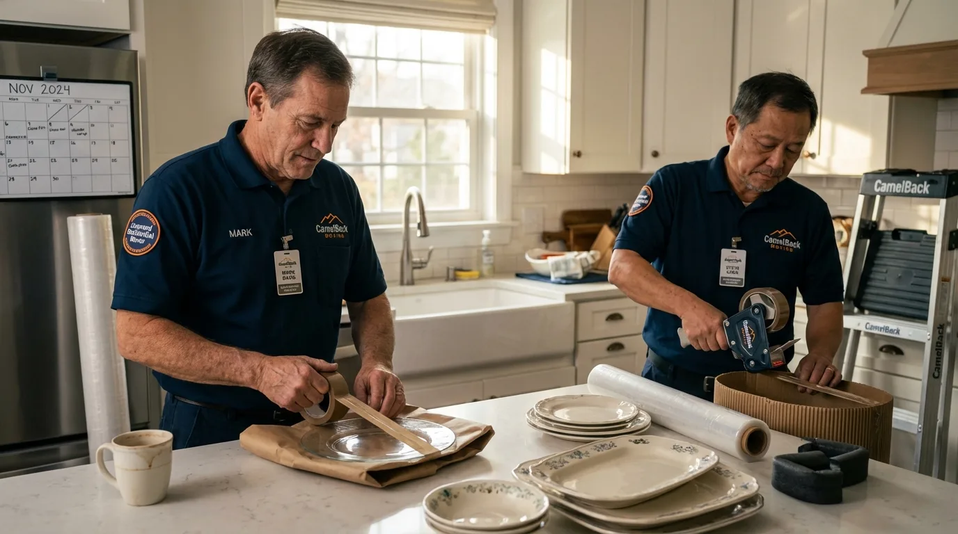 Professional crew packing kitchen dishware in Williams Bay, WI